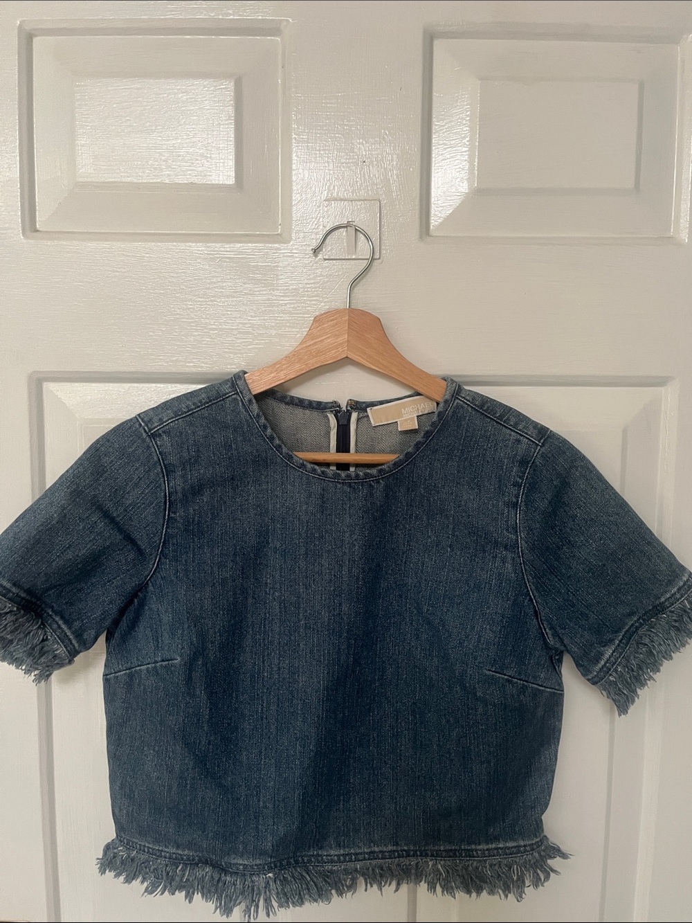 MICHAEL Michael Kors Dark Blue Denim Fringe Short-Sleeve Top
